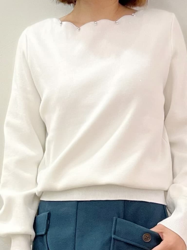 kcさんの「OPAQUE.CLIP｜ラメスカラップビジューデザインニット【洗濯機OK】《6col／S～LL》」を使ったコーディネート