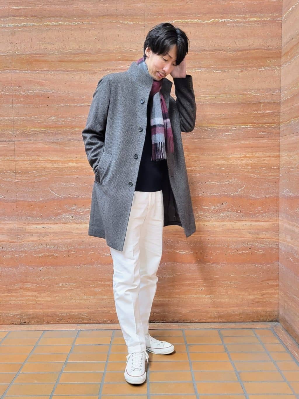 piroyaさんの「TAKEO KIKUCHI｜カシミヤブレンド ビーバー調ピンヘッドスタンドカラーコート」を使ったコーディネート