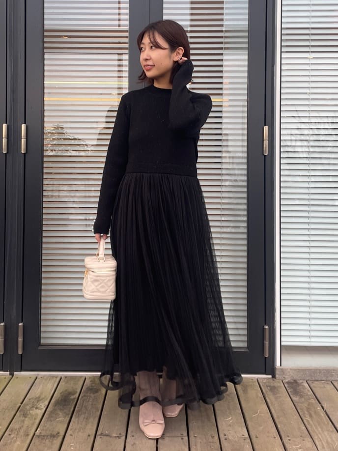 abeさんの「Couture brooch｜【S-LL/キラキラリブニット】チュールドッキング ワンピース」を使ったコーディネート