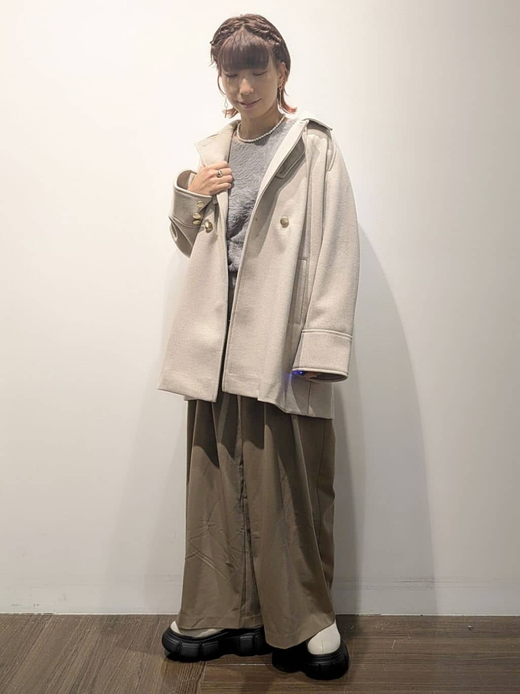 4410さんの「THE SHOP TK｜クラシカルな装い ウールライクスタンドカラーコート」を使ったコーディネート