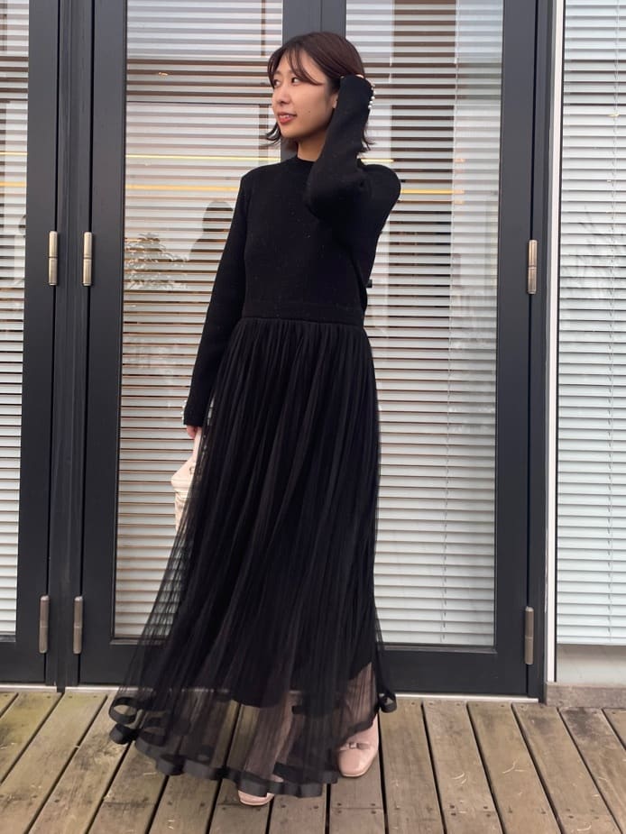 abeさんの「Couture brooch｜【S-LL/キラキラリブニット】チュールドッキング ワンピース」を使ったコーディネート