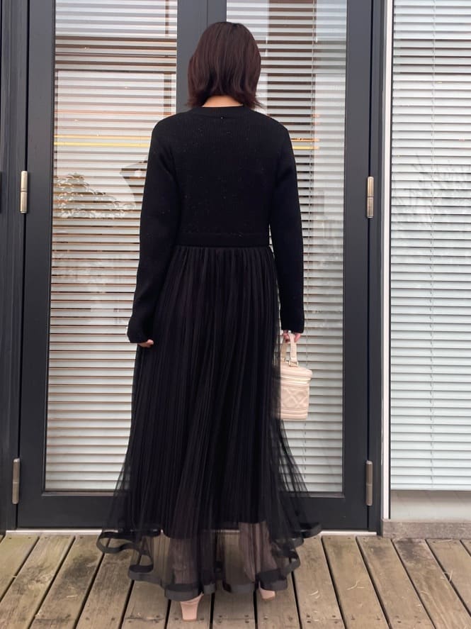 abeさんの「Couture brooch｜【S-LL/キラキラリブニット】チュールドッキング ワンピース」を使ったコーディネート