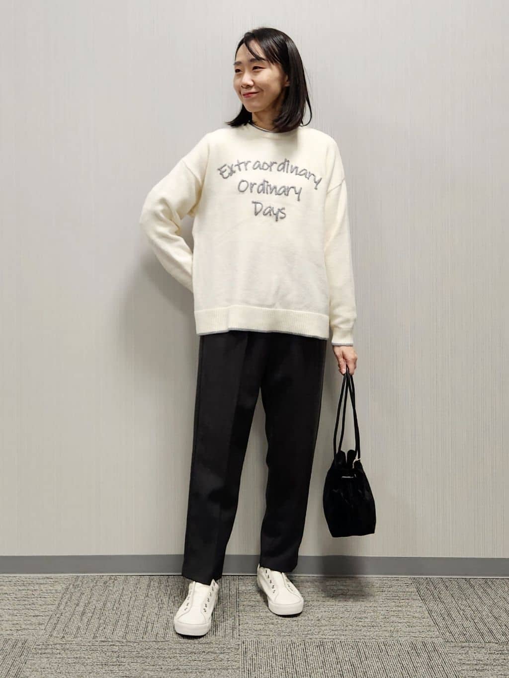 naraさんの「Dessin｜【洗える】ペイント風刺繍入り配色ラインニット」を使ったコーディネート