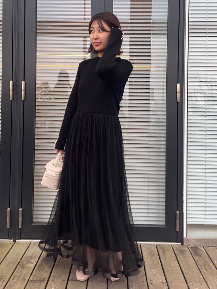abeさんの「Couture brooch｜【S-LL/キラキラリブニット】チュールドッキング ワンピース」を使ったコーディネート