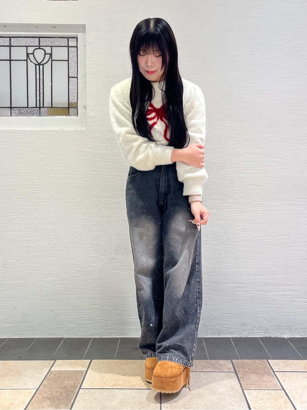 Nさんの「ESPERANZA｜【EC先行販売】厚底レースアップリボンフェイクムートンブーツ」を使ったコーディネート