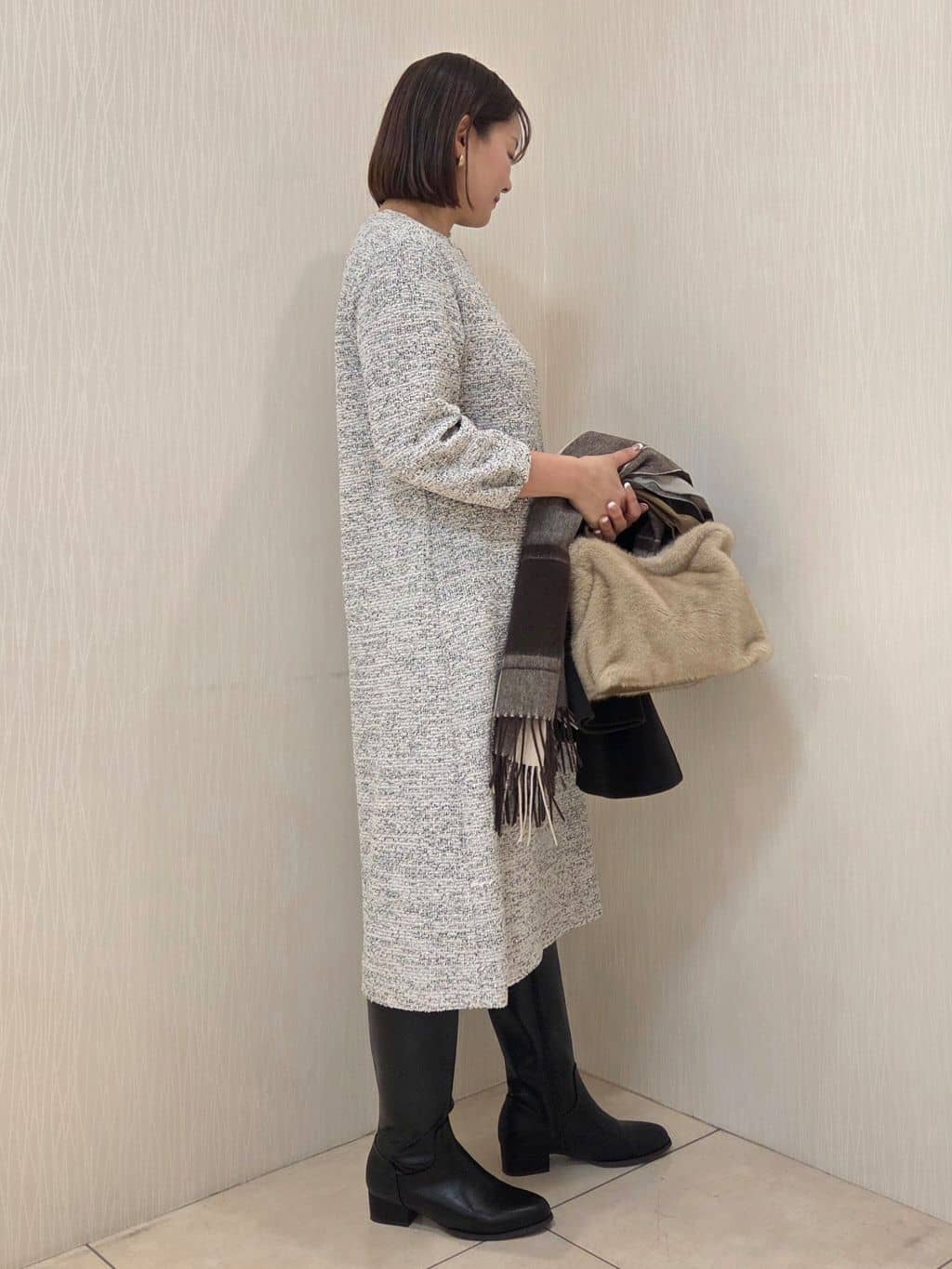 naokoさんの「UNTITLED｜【洗える/ストレッチ】ツイードジャージワンピース」を使ったコーディネート