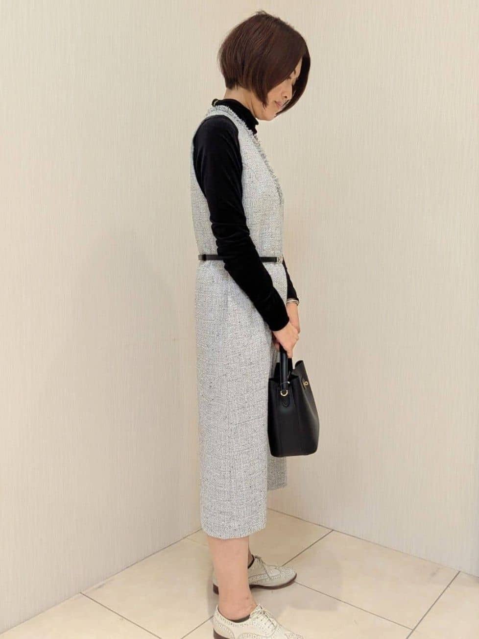 u-macoさんの「UNTITLED｜【洗える/細見え】ツイード ジャンパースカート」を使ったコーディネート