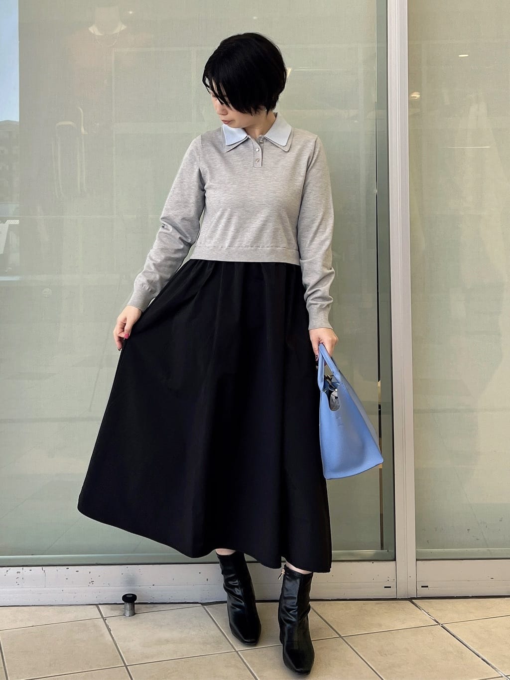 yo-koさんの「OPAQUE.CLIP｜ダブルポロ衿ニットドッキングワンピース【洗濯機OK】」を使ったコーディネート