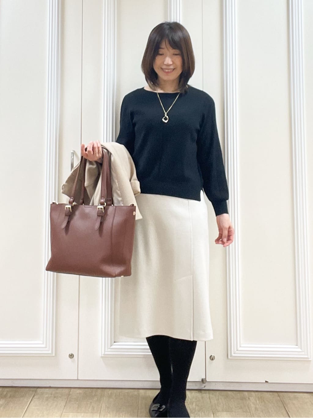めいさんの「Reflect｜【SS-4Lサイズ／衿が顔に当たらない◎】スタンドネックミドルコート」を使ったコーディネート