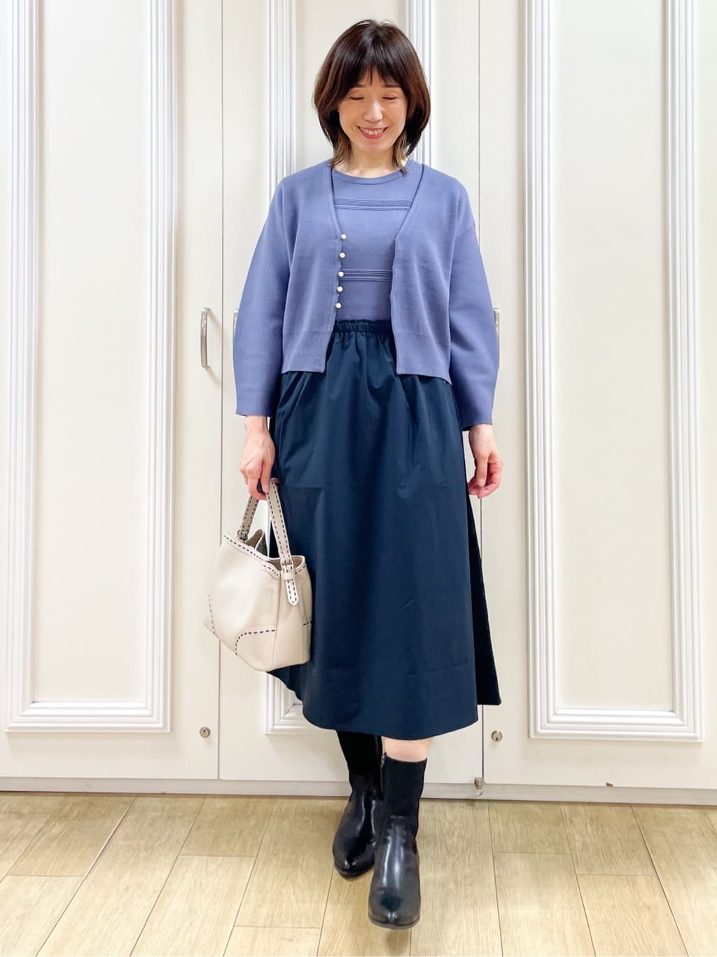 めいさんの「Reflect｜【一枚で着映える◎／セットアップ可】ニット&times;タフタドッキングワンピース」を使ったコーディネート