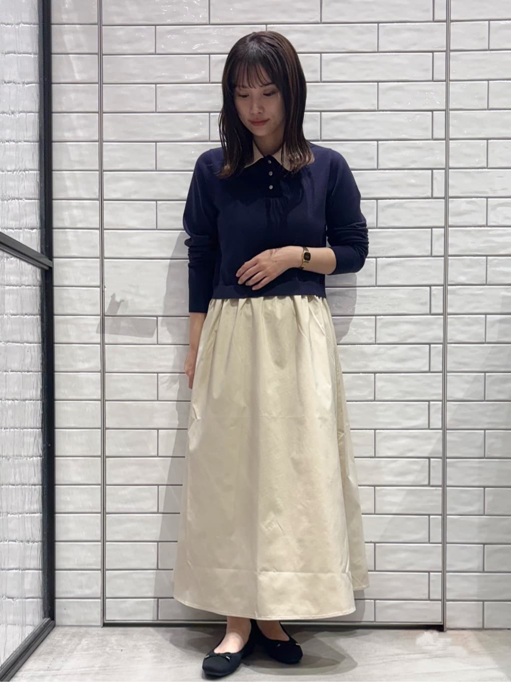 ranさんの「OPAQUE.CLIP｜ダブルポロ衿ニットドッキングワンピース【洗濯機OK】」を使ったコーディネート
