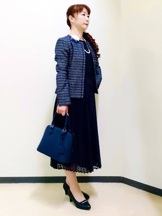 花さんの「Reflect｜【SS-4Lサイズ】シフォン&times;幾何柄レースプリーツワンピース」を使ったコーディネート