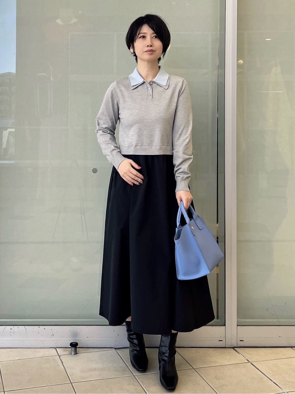 yo-koさんの「OPAQUE.CLIP｜ダブルポロ衿ニットドッキングワンピース【洗濯機OK】」を使ったコーディネート