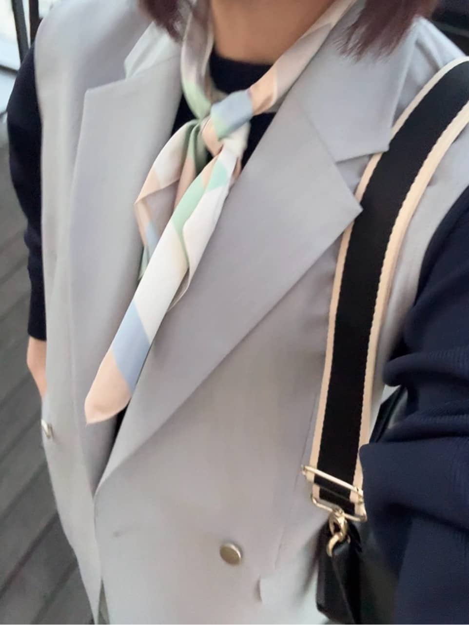 𝐜𝐡𝐢𝐤𝐚さんの「SHOO･LA･RUE｜【セットアップ可/S-LL/洗濯機可】サッと羽織ってこなれ見え ダブルブレストジレ」を使ったコーディネート