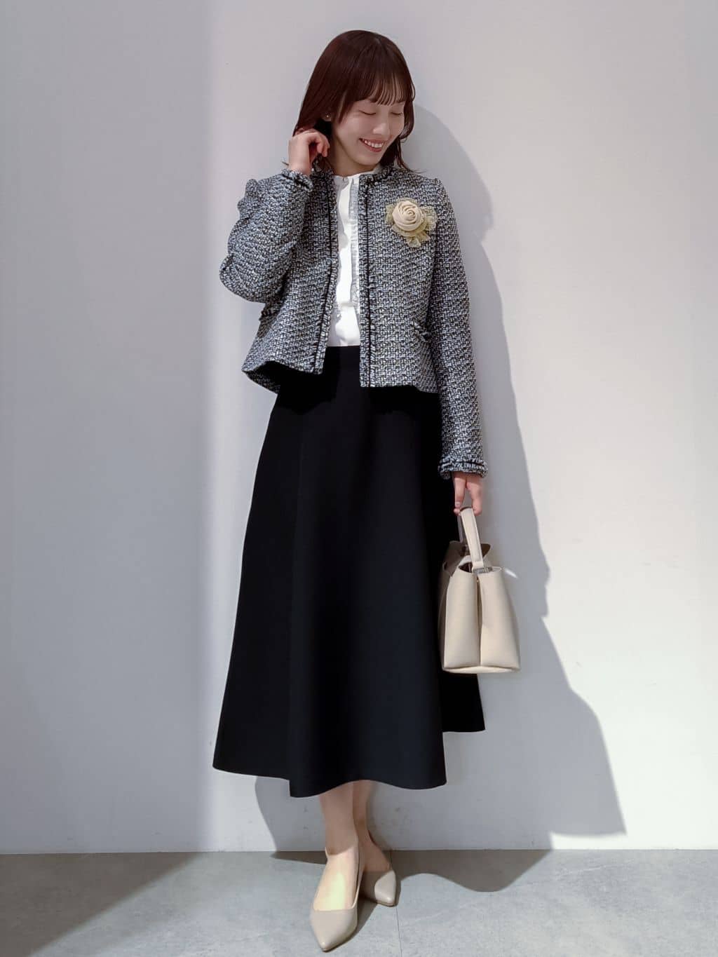 のんさんの「OPAQUE.CLIP｜《通勤／セットアップ対応》ノーカラーツイードジャケット【洗濯機OK】」を使ったコーディネート