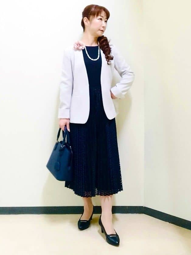 花さんの「Reflect｜【SS-4Lサイズ】シフォン&times;幾何柄レースプリーツワンピース」を使ったコーディネート