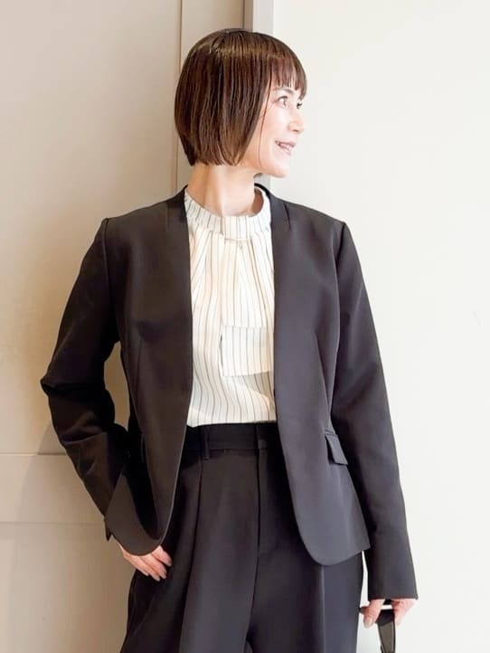 yamakoさんの「grove｜【マシンウォッシュ／防シワ/SS-3L】ストレッチノーカラージャケット」を使ったコーディネート