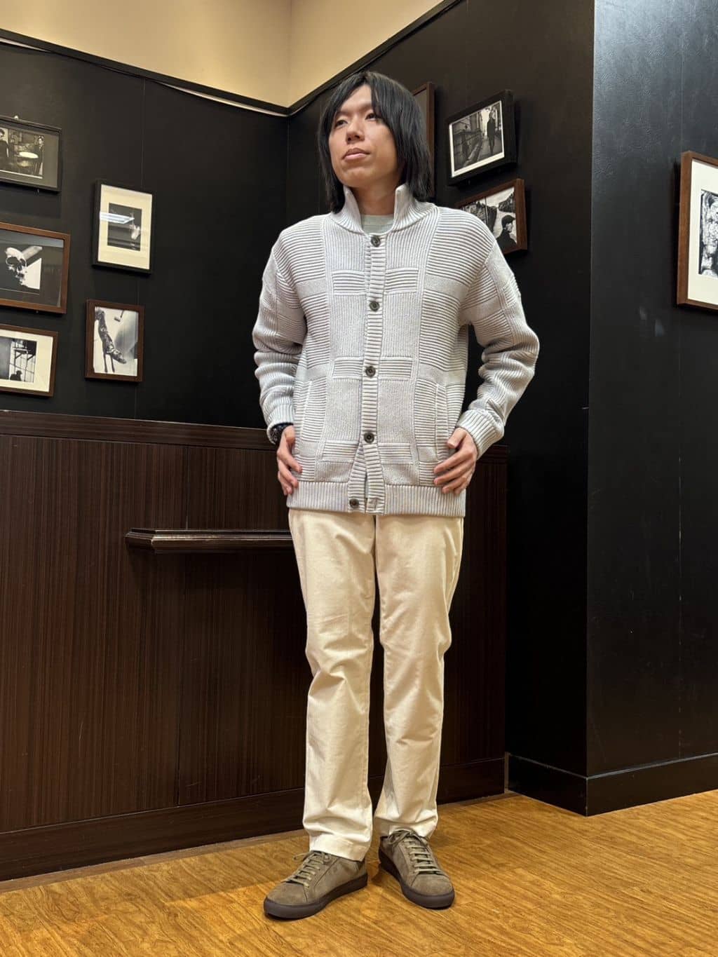 moritaさんの「TAKEO KIKUCHI｜畦編みチェック ニットカーディガン」を使ったコーディネート
