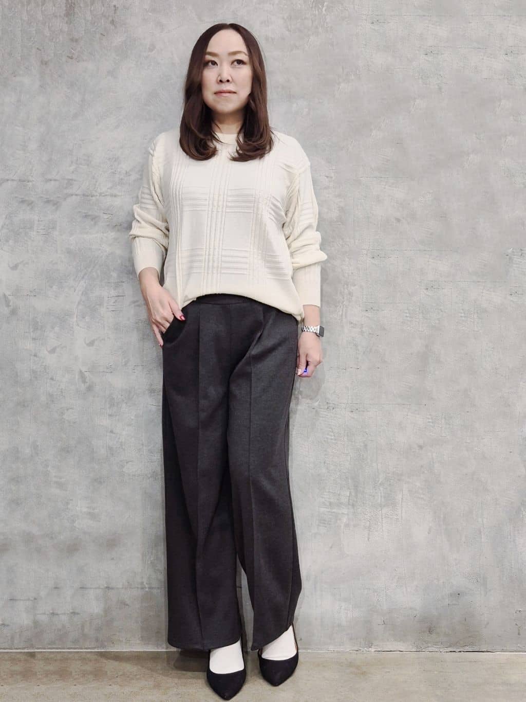 ひさえさんの「THE SHOP TK｜【優しい肌触り】カシミヤタッチ チェックニット　洗濯機OK」を使ったコーディネート