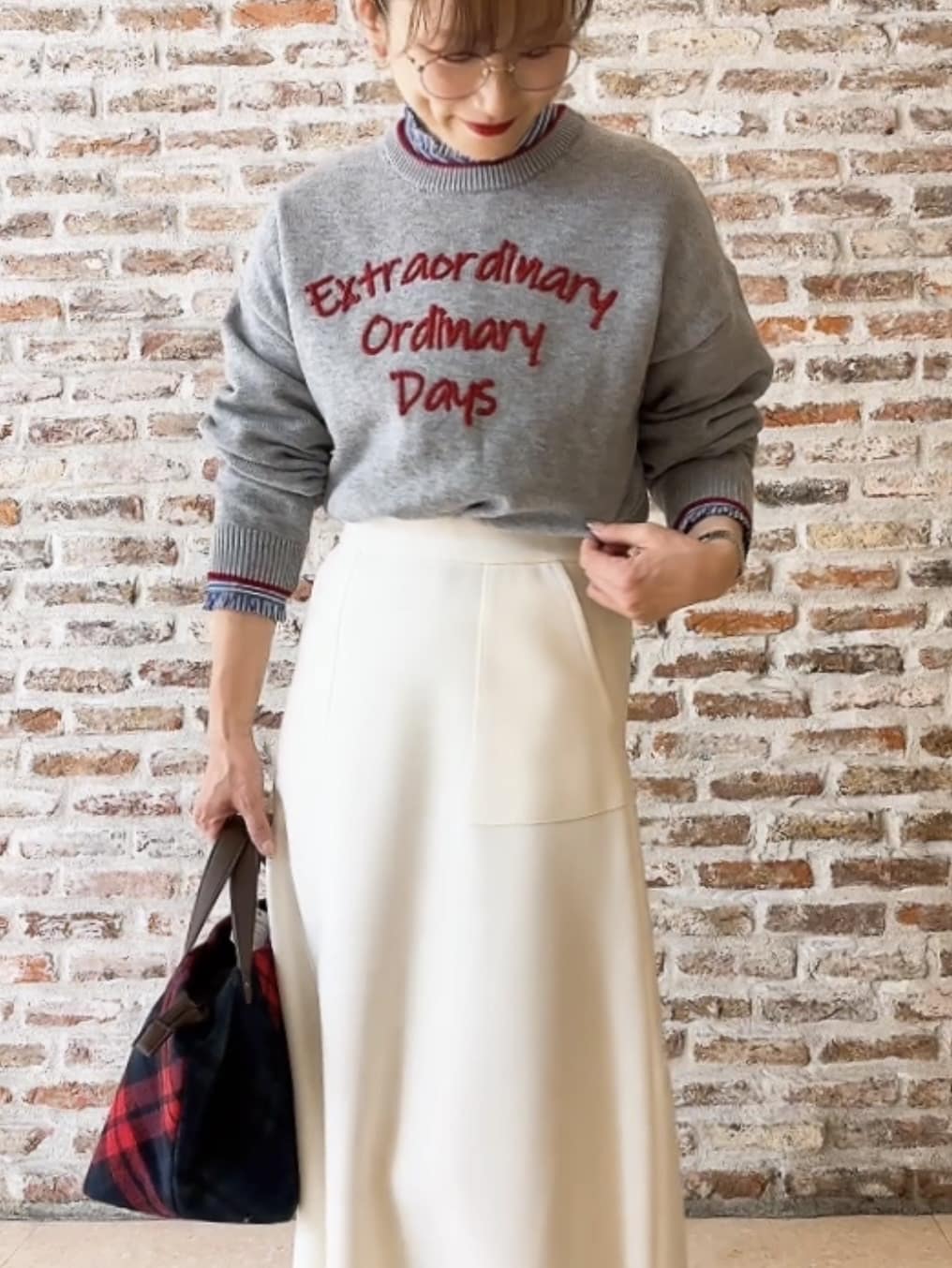 Yasucoさんの「Dessin｜【洗える】ペイント風刺繍入り配色ラインニット」を使ったコーディネート