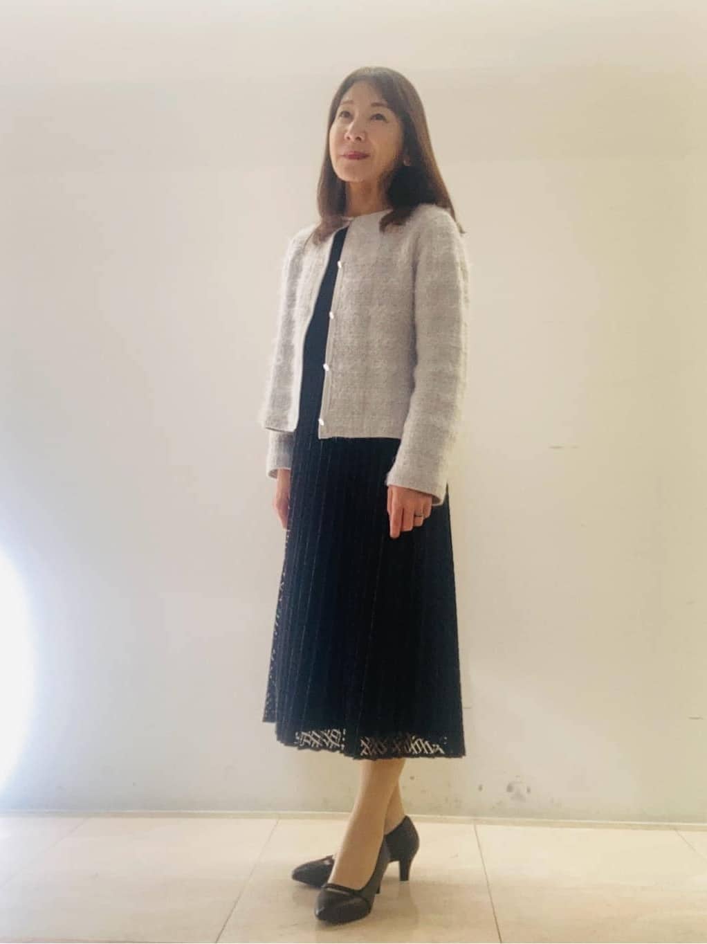 kurodaさんの「Reflect｜【SS-4Lサイズ】シフォン&times;幾何柄レースプリーツワンピース」を使ったコーディネート