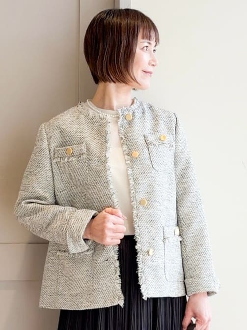 yamakoさんの「grove｜【ハレの日・通勤】きちんとからカジュアルまで着回せる、ミドル丈ツイードジャケット」を使ったコーディネート