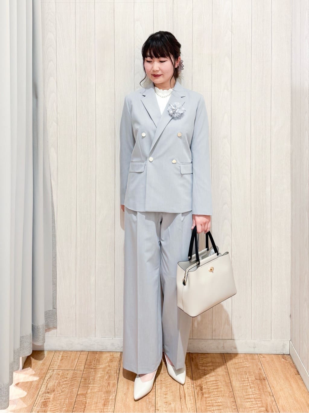 愛さんの「SHOO･LA･RUE｜【セットアップ可/S-LL/洗濯機可】マニッシュに決まる ダブルブレストジャケット」を使ったコーディネート