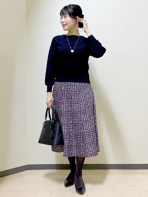  beni_gingerさんの「Reflect｜【ニットスタイルが華やかに◎】チドリ風プリントフレアスカート」を使ったコーディネート