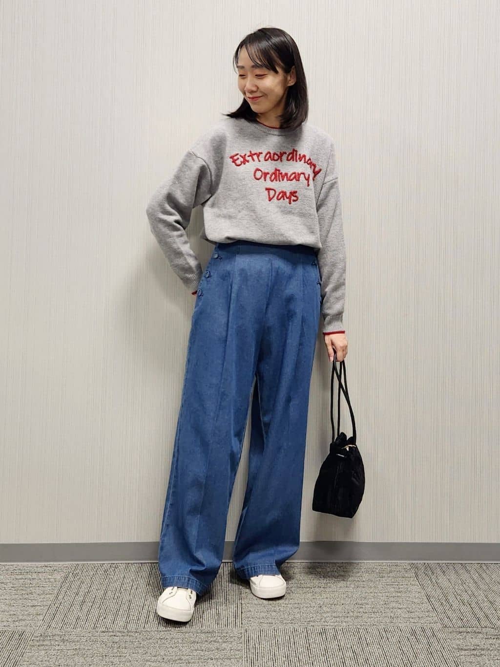 naraさんの「Dessin｜【洗える】ペイント風刺繍入り配色ラインニット」を使ったコーディネート