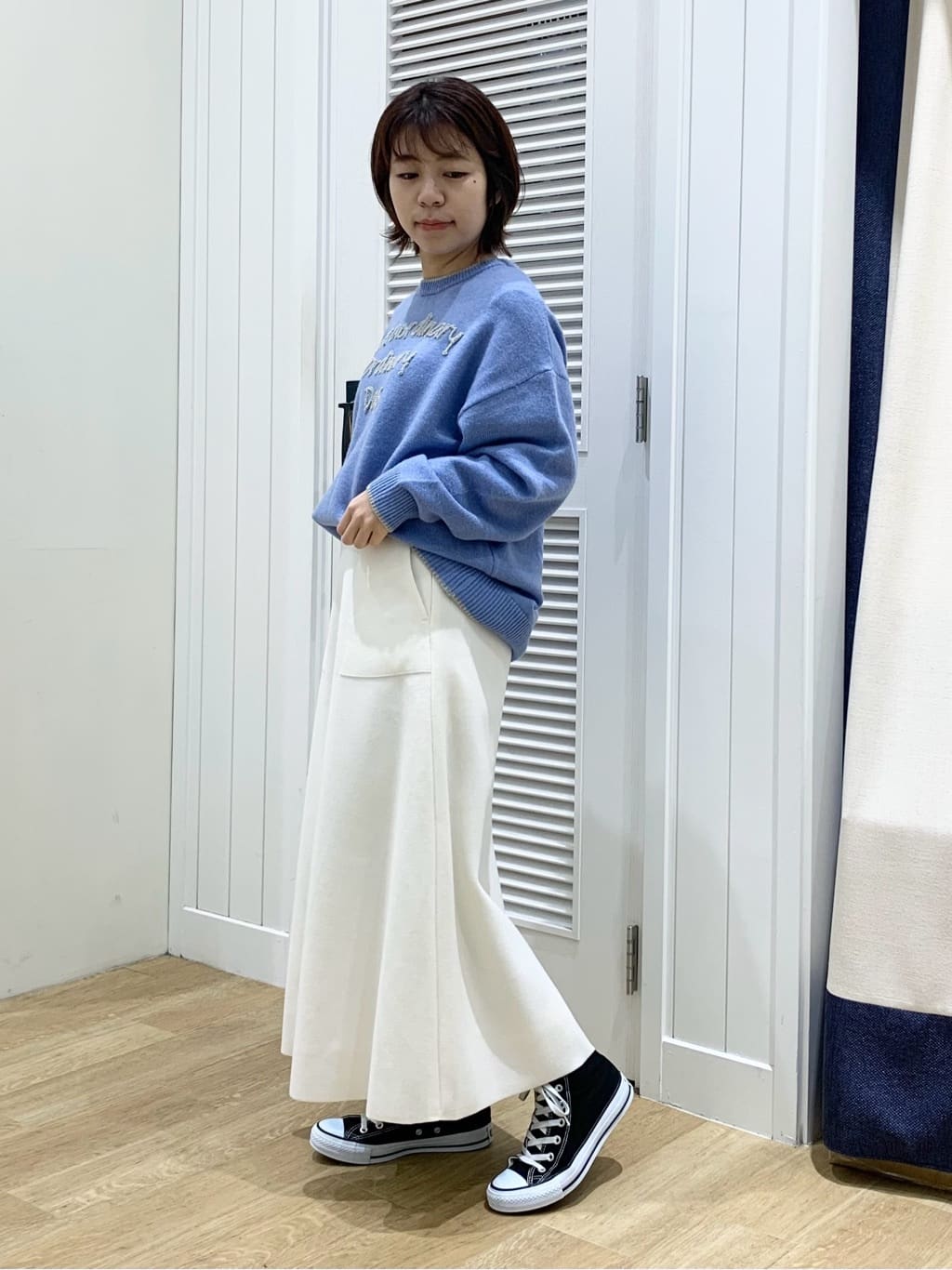 IMARIさんの「Dessin｜【洗える】ペイント風刺繍入り配色ラインニット」を使ったコーディネート