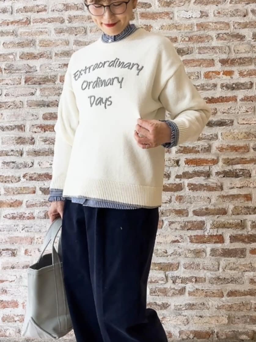 Yasucoさんの「Dessin｜【洗える】ペイント風刺繍入り配色ラインニット」を使ったコーディネート