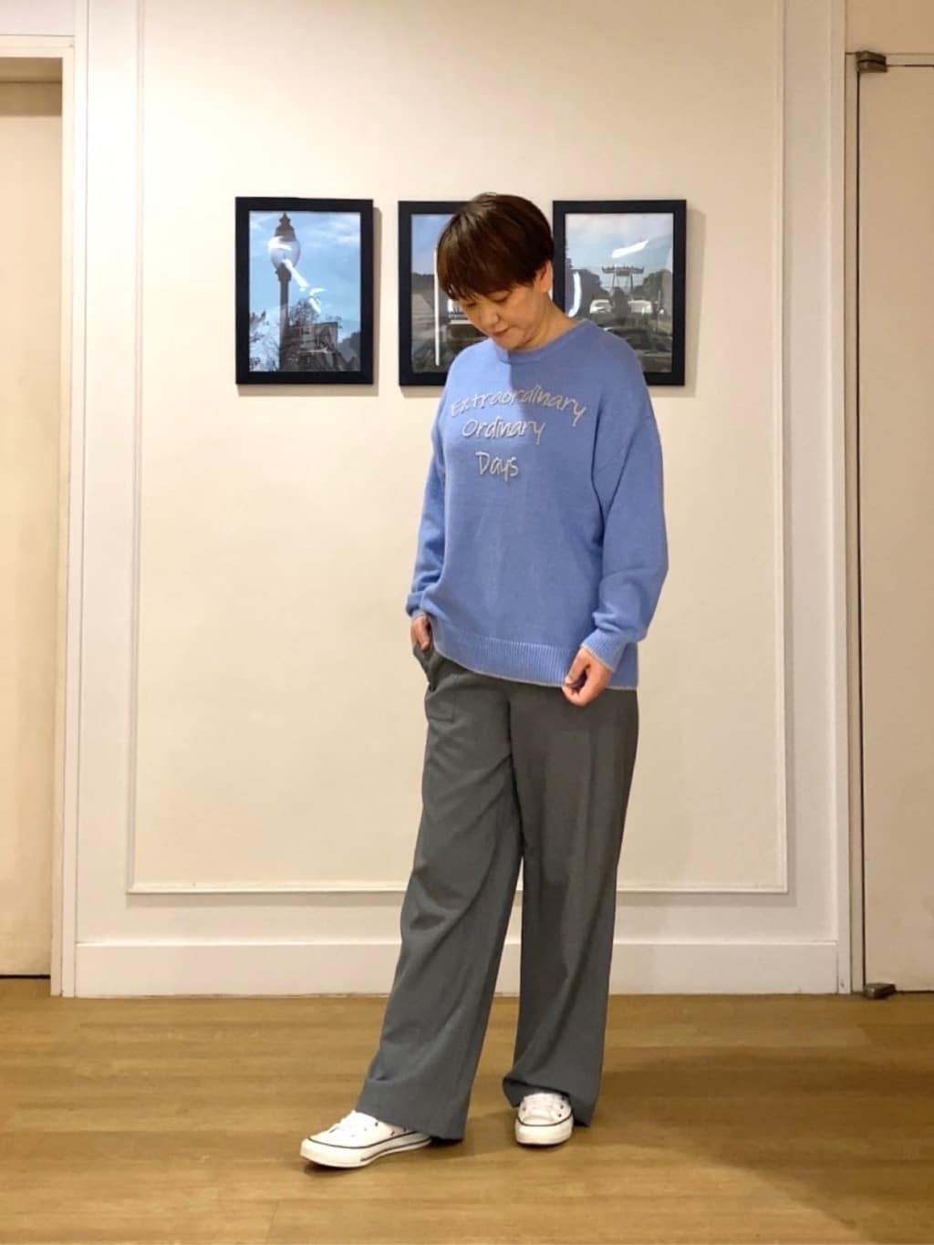 Hiroさんの「Dessin｜【洗える】ペイント風刺繍入り配色ラインニット」を使ったコーディネート