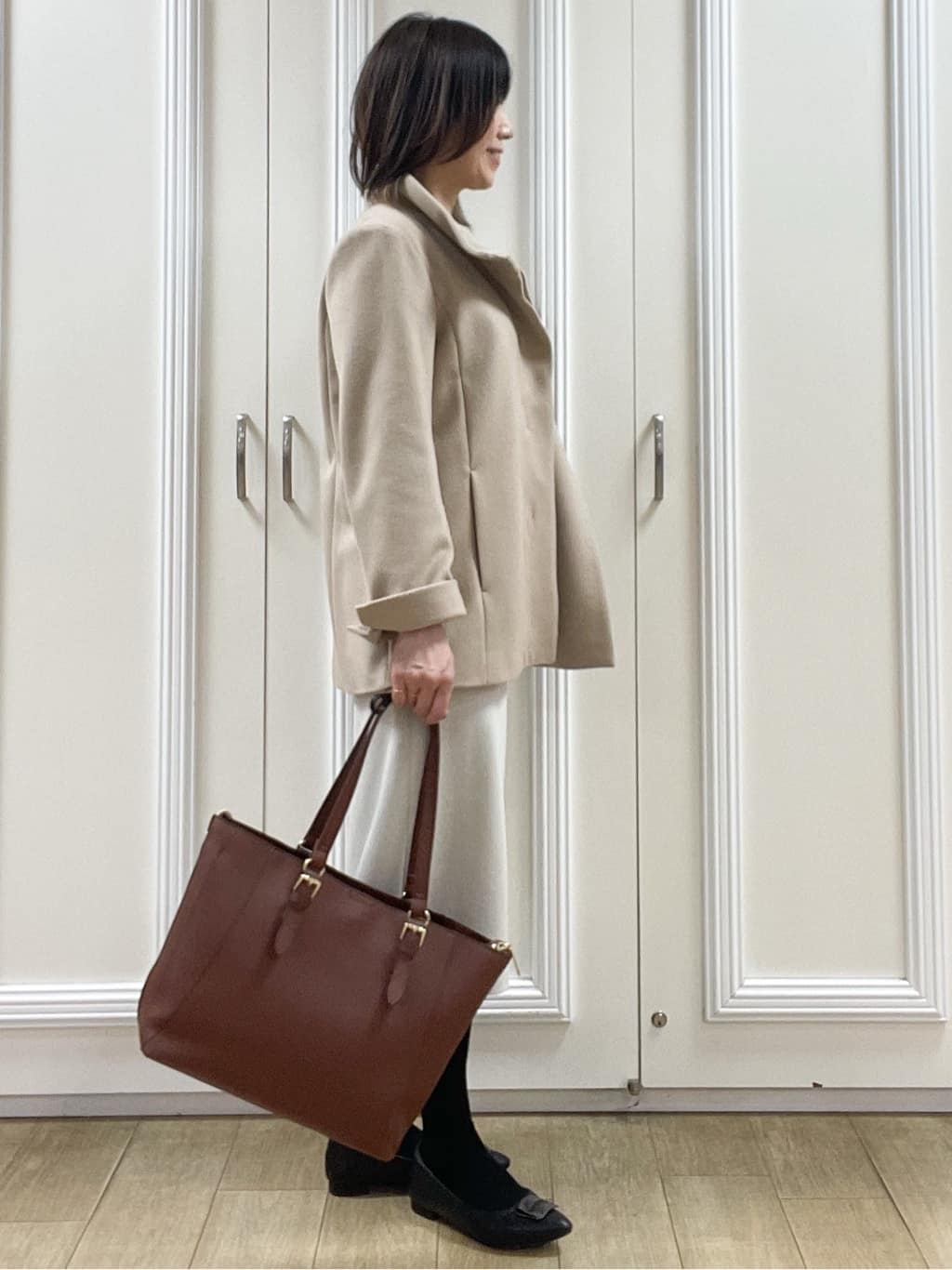 めいさんの「Reflect｜【SS-4Lサイズ／衿が顔に当たらない◎】スタンドネックミドルコート」を使ったコーディネート