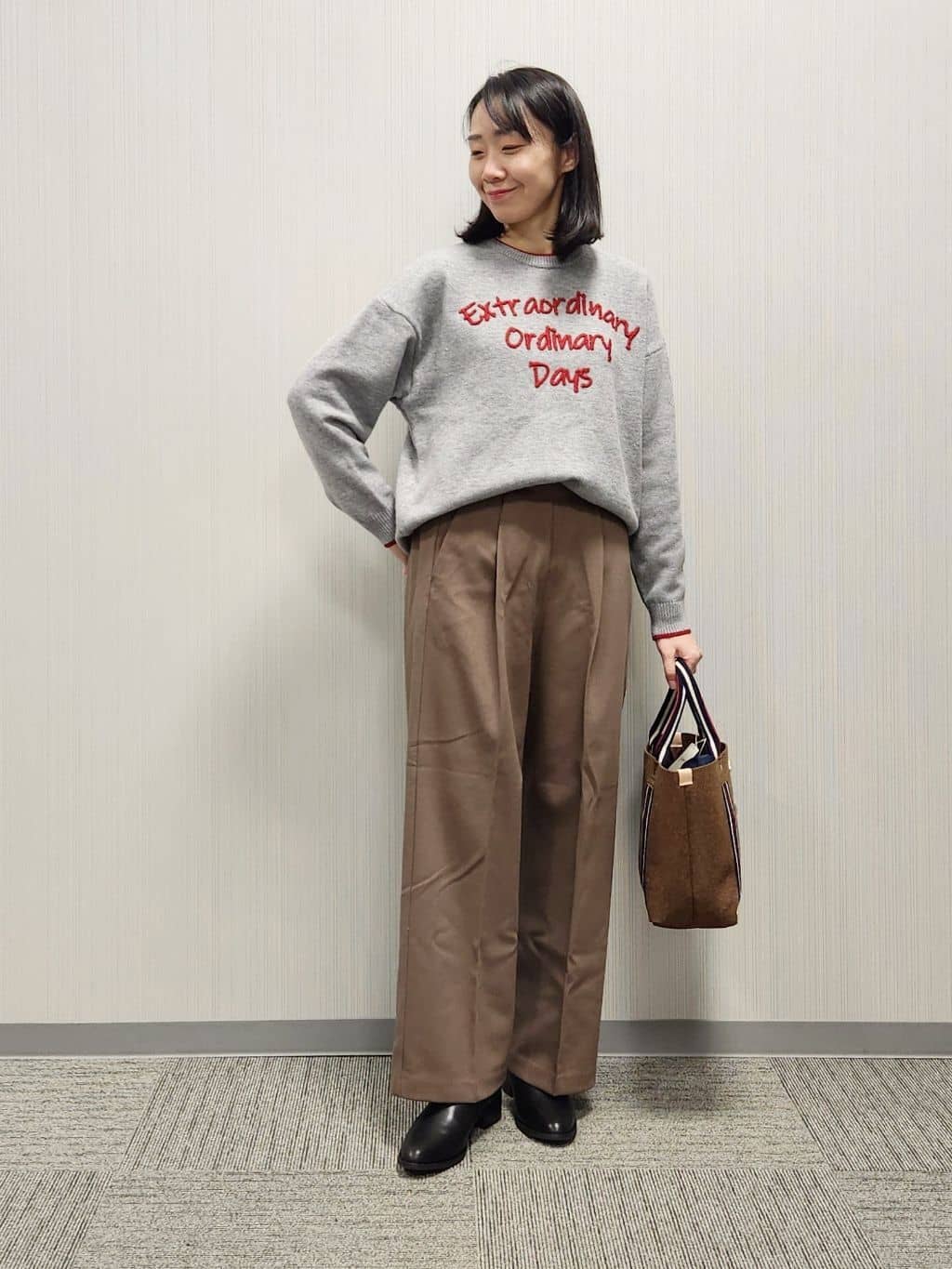 naraさんの「Dessin｜【洗える】ペイント風刺繍入り配色ラインニット」を使ったコーディネート