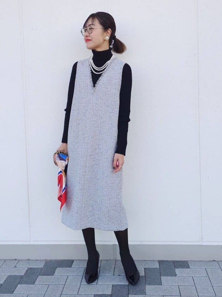 MUTSUKOさんの「UNTITLED｜【洗える/細見え】ツイード ジャンパースカート」を使ったコーディネート