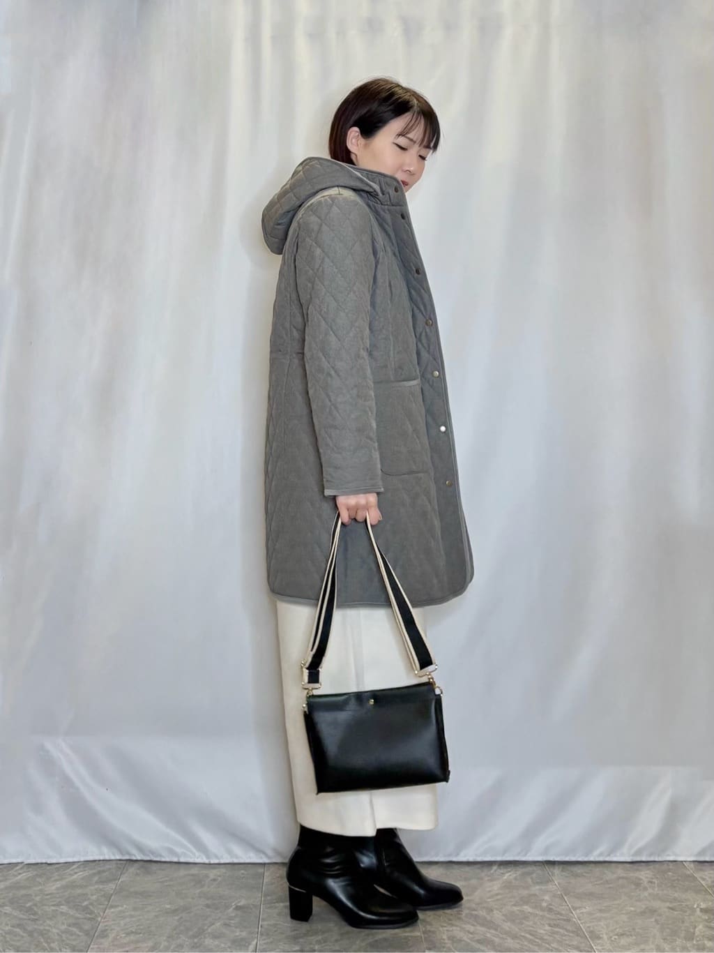 ネリさんの「SHOO･LA･RUE｜【撥水/フード取り外し可】自然にくびれる あったかダイヤ柄キルトコート【CIRCRIC】」を使ったコーディネート