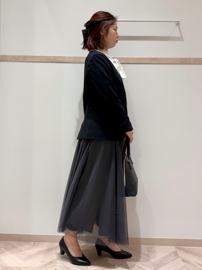 c_h_i_k_aさんの「SHOO･LA･RUE｜【洗濯機可/セットアップ可/S-3L】きちんと楽に。カットジョーゼットノーカラージャケット」を使ったコーディネート