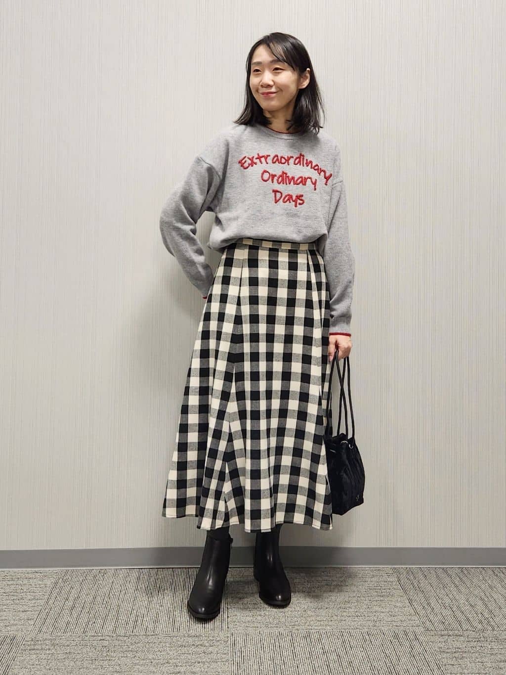 naraさんの「Dessin｜【洗える】ペイント風刺繍入り配色ラインニット」を使ったコーディネート