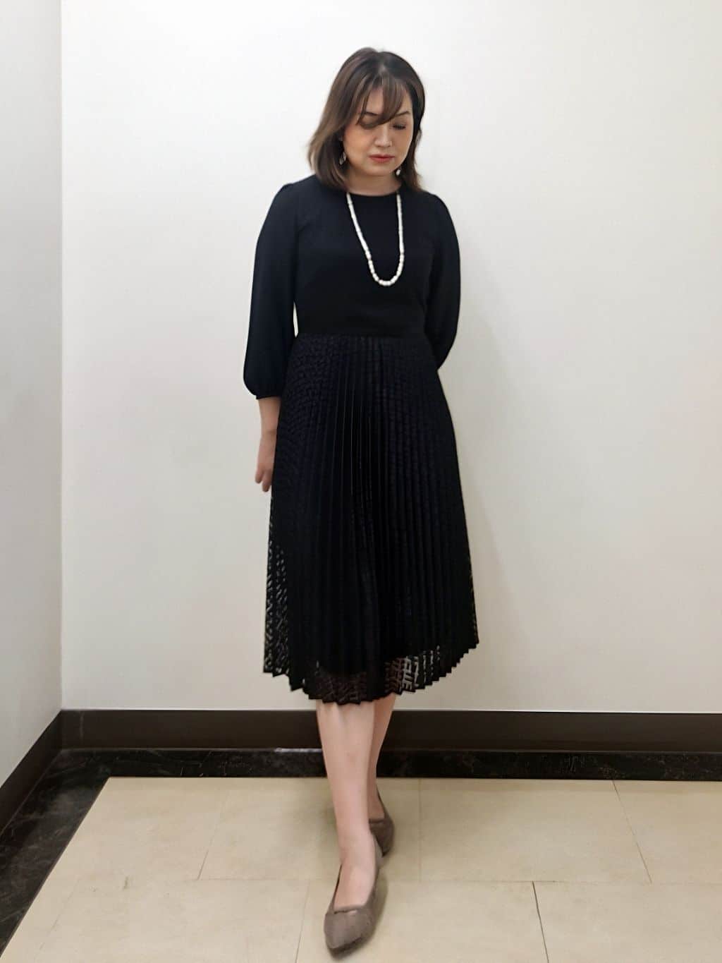 S.xuliさんの「Reflect｜【SS-4Lサイズ】シフォン&times;幾何柄レースプリーツワンピース」を使ったコーディネート