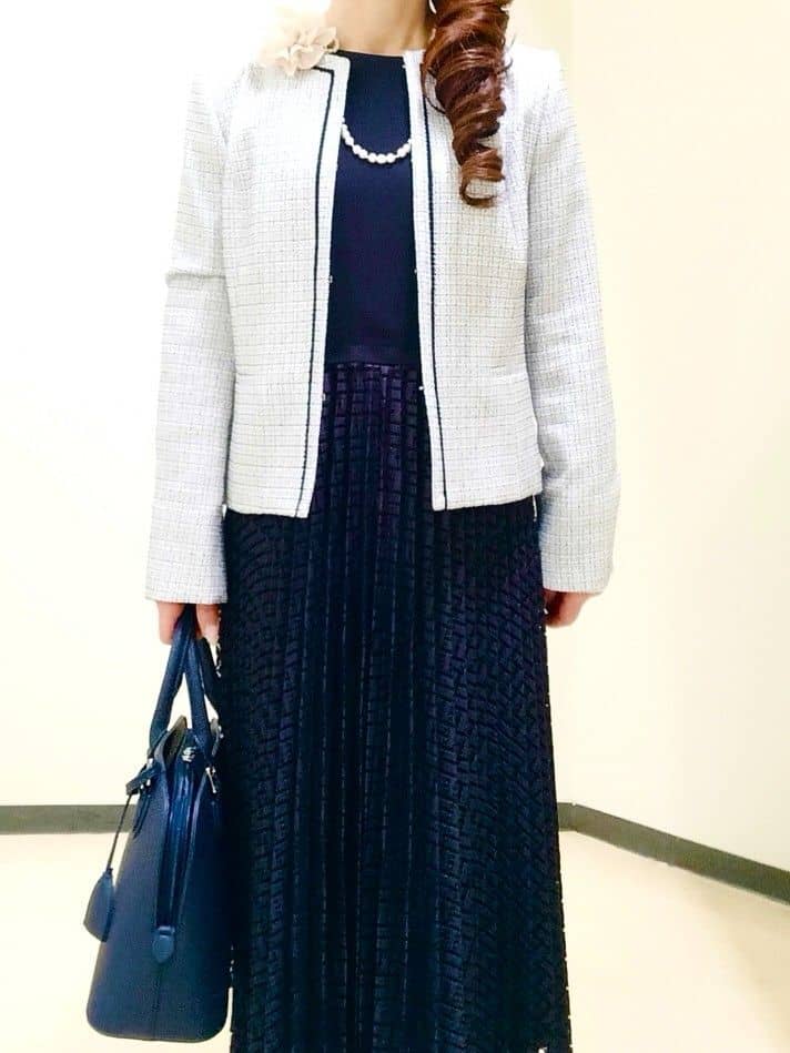 花さんの「Reflect｜【SS-4Lサイズ】シフォン&times;幾何柄レースプリーツワンピース」を使ったコーディネート