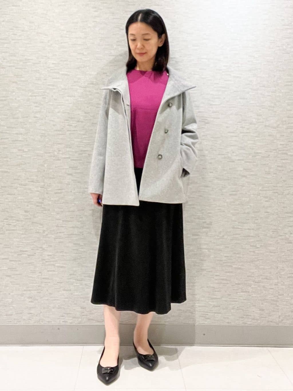 marikoさんの「Reflect｜【SS-4Lサイズ／衿が顔に当たらない◎】スタンドネックミドルコート」を使ったコーディネート