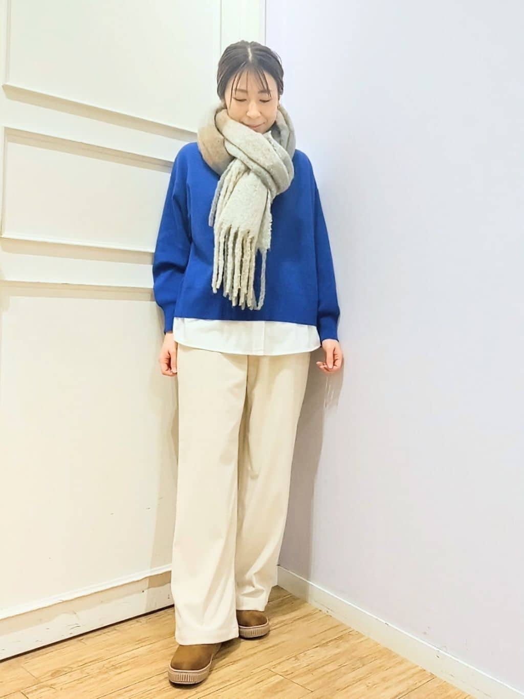 miomioさんの「SHOO･LA･RUE｜太フリンジブロックチェックストール」を使ったコーディネート