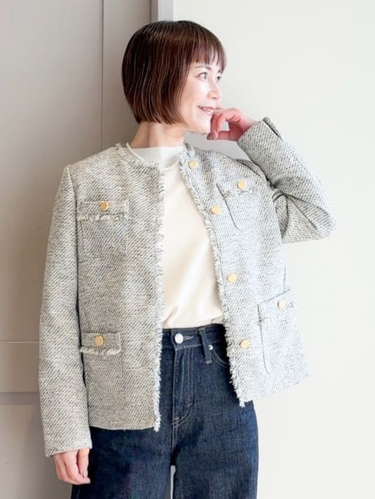 yamakoさんの「grove｜【ハレの日・通勤】きちんとからカジュアルまで着回せる、ミドル丈ツイードジャケット」を使ったコーディネート