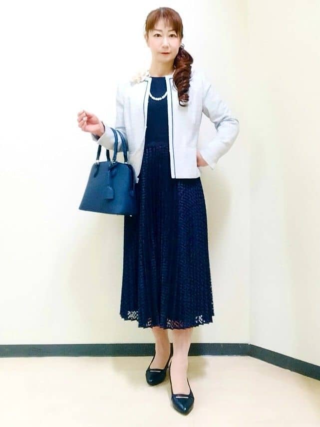 花さんの「Reflect｜【SS-4Lサイズ】シフォン&times;幾何柄レースプリーツワンピース」を使ったコーディネート
