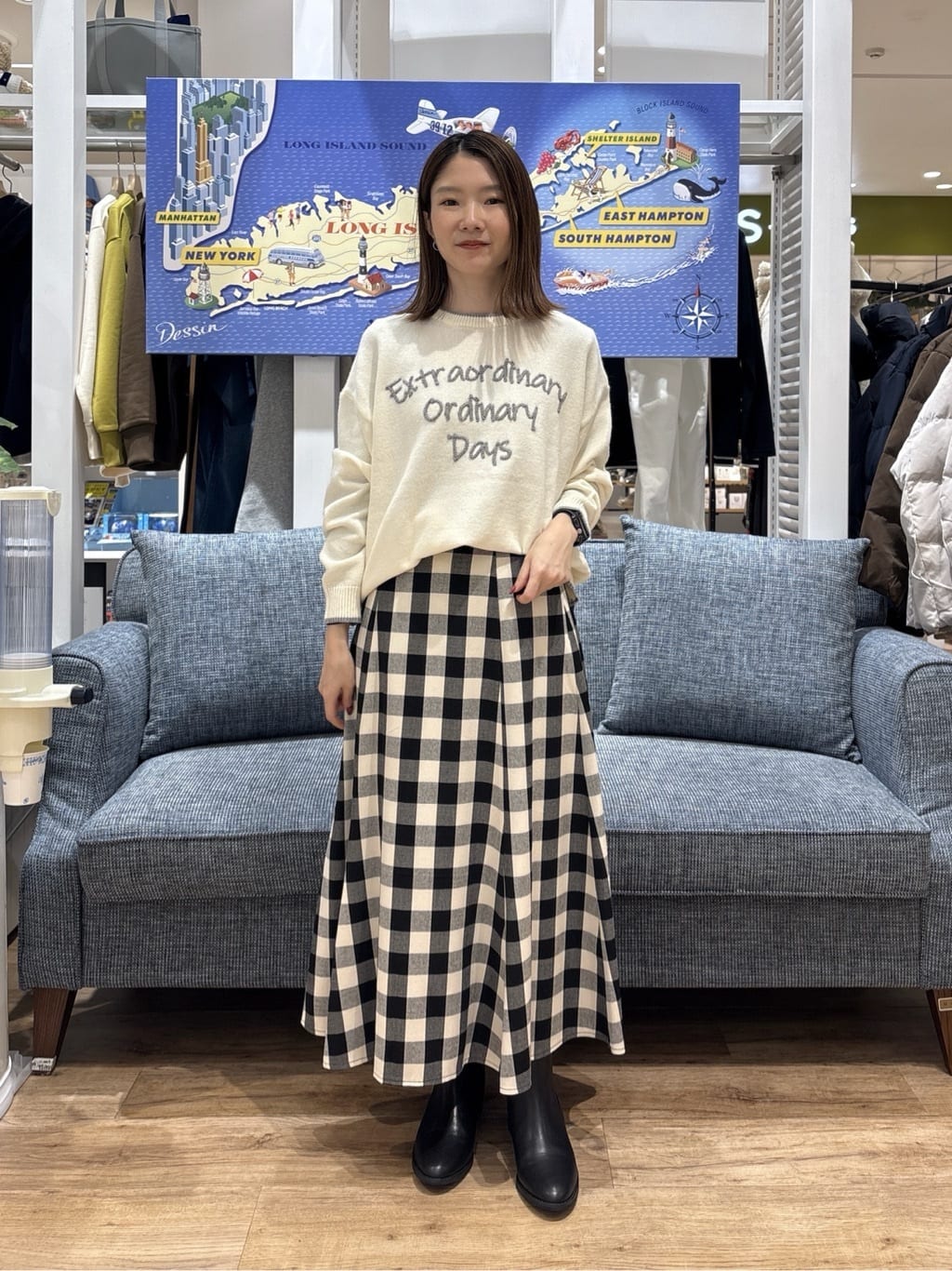 risaさんの「Dessin｜【洗える】ペイント風刺繍入り配色ラインニット」を使ったコーディネート