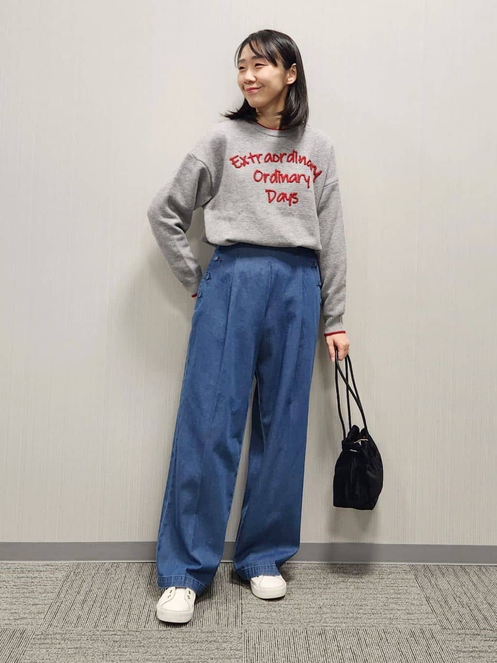 naraさんの「Dessin｜【洗える】ペイント風刺繍入り配色ラインニット」を使ったコーディネート
