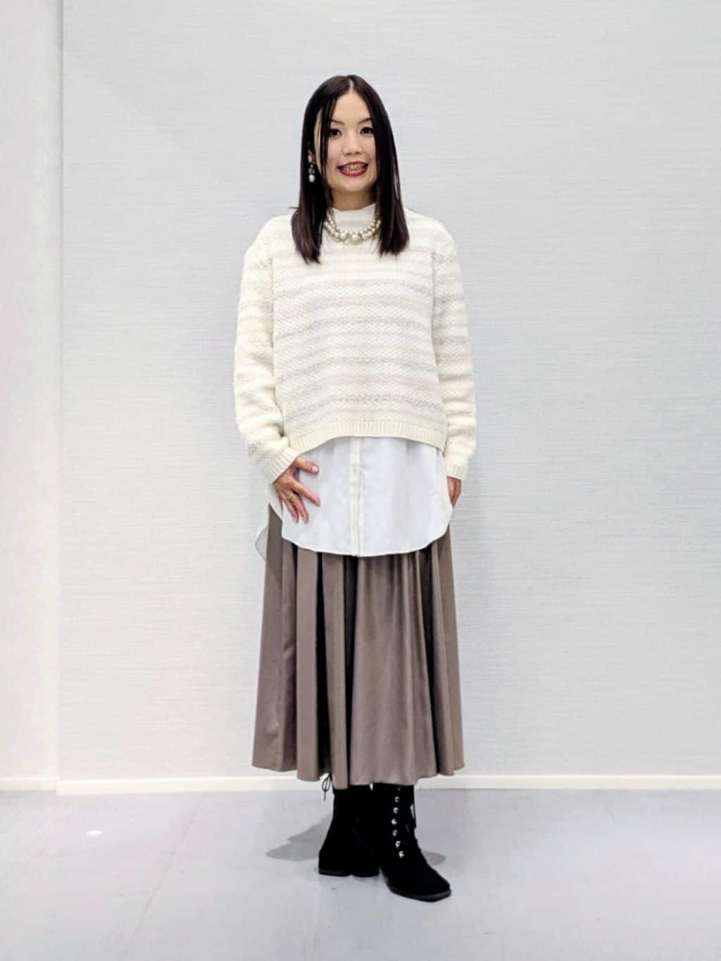 makkyさんの「UNTITLED｜【ツイード調/コンパクト丈】ブークレーボートネックニット」を使ったコーディネート