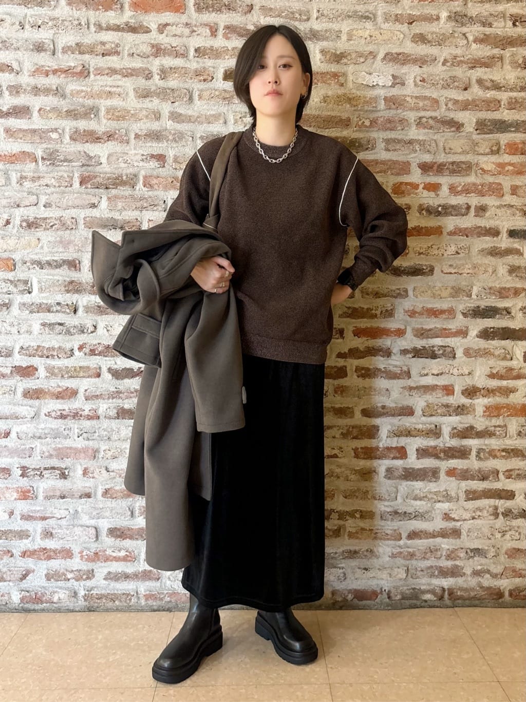 しばさんの「THE SHOP TK｜ジャージメルトンスタンドカラーコート」を使ったコーディネート