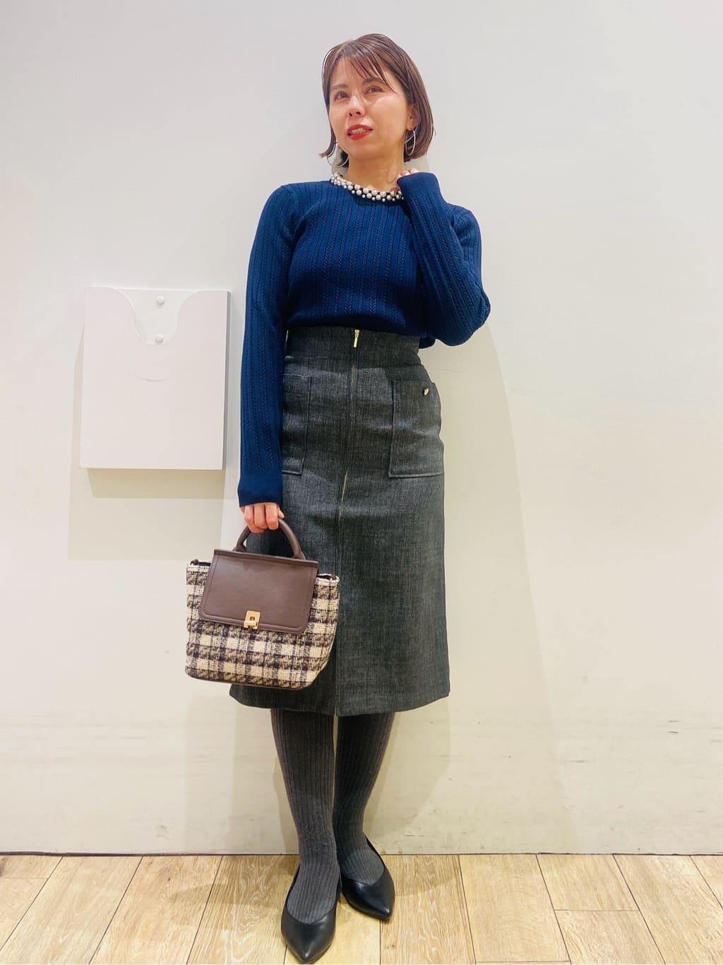 YUKOさんの「index｜パール調ネックケーブルニット【洗濯機OK】」を使ったコーディネート