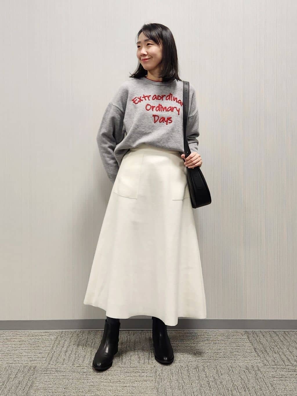 naraさんの「Dessin｜【洗える】ペイント風刺繍入り配色ラインニット」を使ったコーディネート